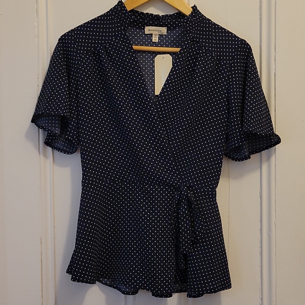 Textured V-Neck Blouse Blue with white polka dots